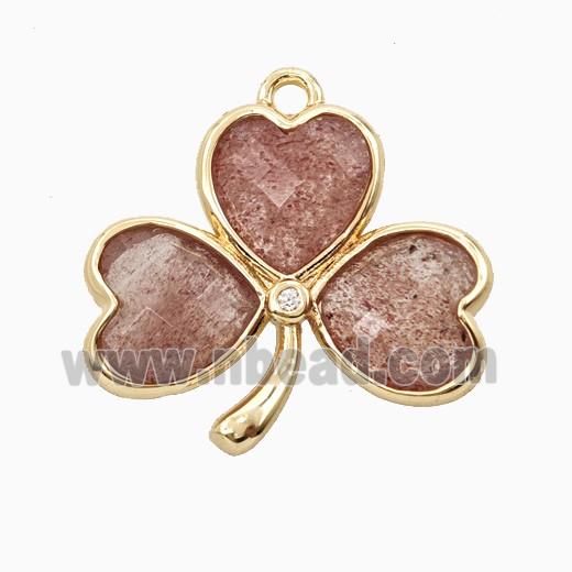 Pink Strawberry Quartz Clover Pendant Heart Gold Plated