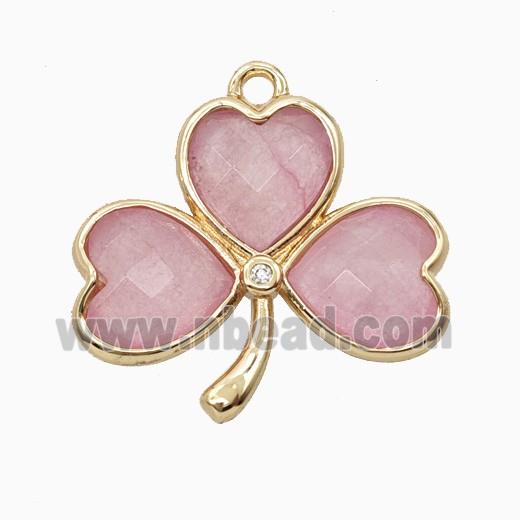 Pink Dye Jade Clover Pendant Heart Gold Plated