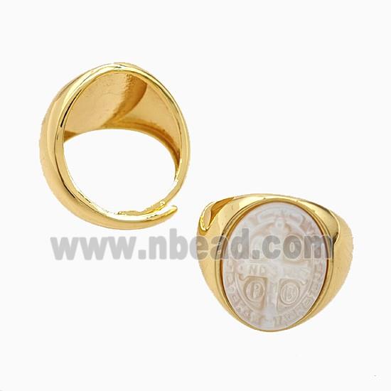 Copper Rings Pave MOP Shell Religious Adjustable Gold Plated