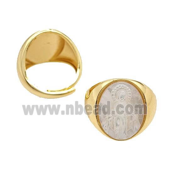 Copper Rings Pave MOP Shell Virgin Mary Adjustable Gold Plated