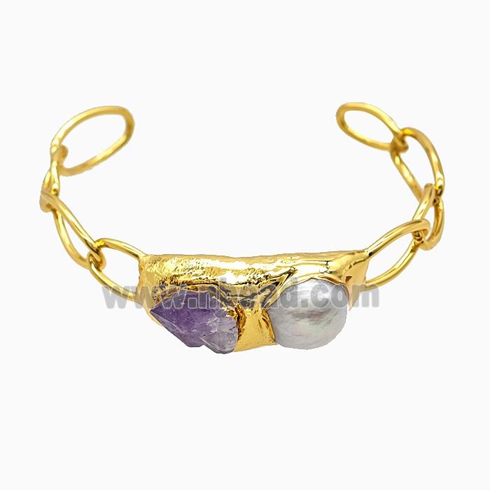Amethyst Pearl Bangle Copper Gold Plated