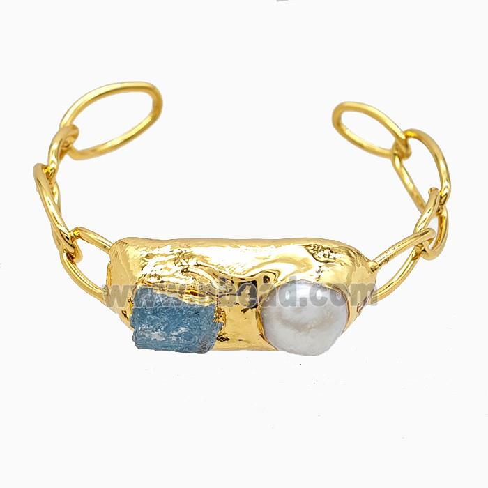 Aquamarine Pearl Bangle Copper Gold Plated