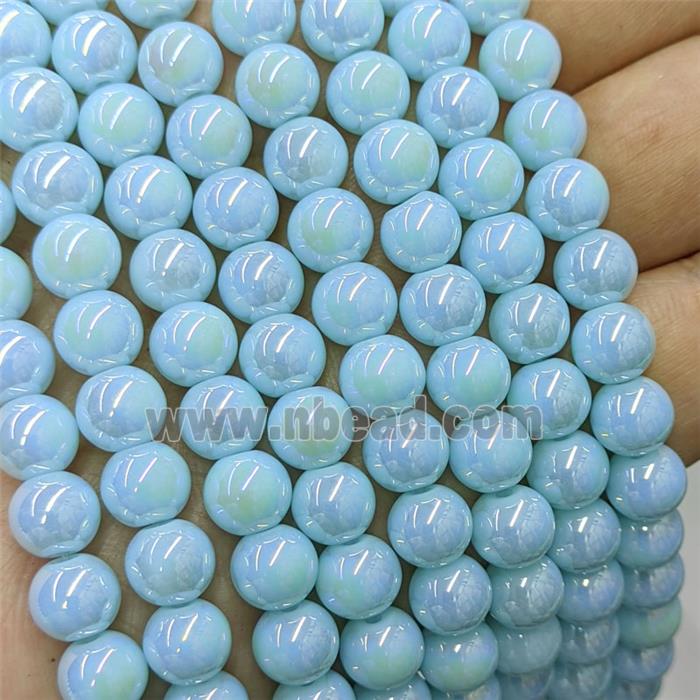 Blue Jadeite Glass Beads Smooth Round Electroplated