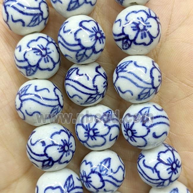 Porcelain Round Beads Blue Flower