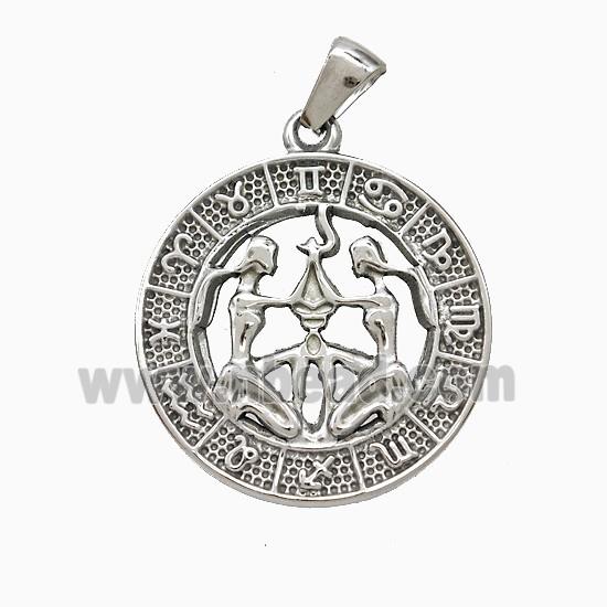 Raw Stainless Steel Symbols Pendant Zodiac Gemini Circle