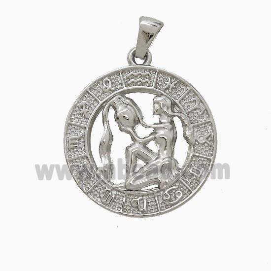 Raw Stainless Steel Symbols Pendant Zodiac Aquarius Circle