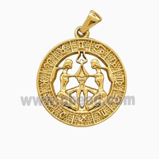 Stainless Steel Symbols Pendant Zodiac Gemini Circle Gold Plated