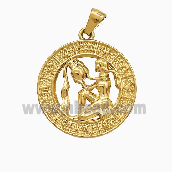 Stainless Steel Symbols Pendant Zodiac Aquarius Circle Gold Plated