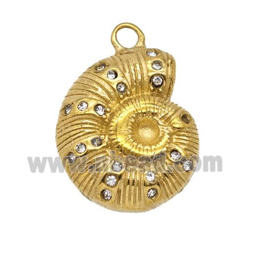Stainless Steel Spiral Shell Pendant Pave Rhinestone Gold Plated