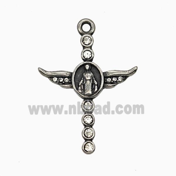 Stainless Steel Cross Pendant Pave Rhinestone Virgin Mary Antique Silver