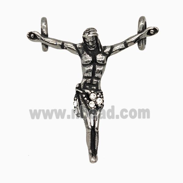 Stainless Steel Jesus Pendant Pave Rhinestone Antique Silver