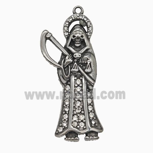 Gothic Grim Reaper Death Charms Stainless Steel Pendant Pave Rhinestone Antique Silver
