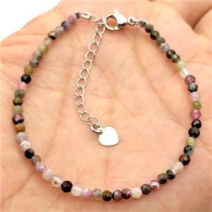 Natural Tourmaline Bracelet Multicolor B-Grade With Copper Clasp Platinum Plated, approx 3mm, 17-22cm length
