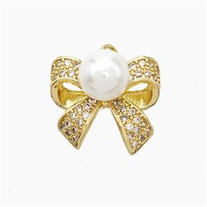 Copper Knotbow Pendant Pave Zirconia White Pearlized Resin Gold Plated, approx 8mm, 15-17mm
