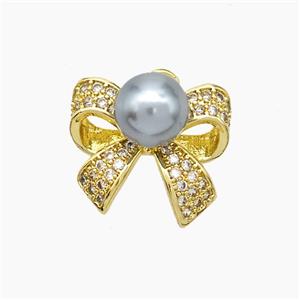 Copper Knotbow Pendant Pave Zirconia Gray Pearlized Resin Gold Plated, approx 8mm, 15-17mm