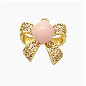 Copper Knotbow Pendant Pave Zirconia Pink Pearlized Resin Gold Plated, approx 8mm, 15-17mm