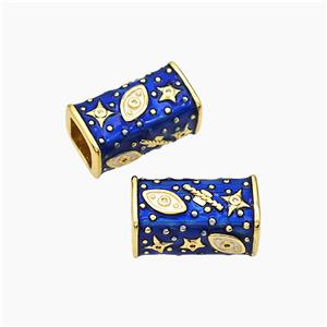 Copper Cuboid Beads Blue Enamel Star Eye Large Hole Gold Plated, approx 10-20mm, 7mm hole