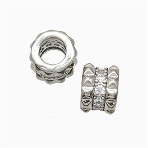 Copper Tube Beads Pave Zirconia Large Hole Platinum Plated, approx 9mm, 5mm hole