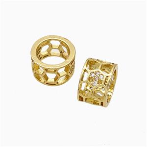 Copper Tube Beads Pave Zirconia Large Hole Hollow Gold Plated, approx 10mm, 7mm hole