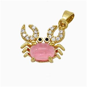 Copper Crab Pendant Pave Zirconia Pink Jade Gold Plated, approx 12-14mm