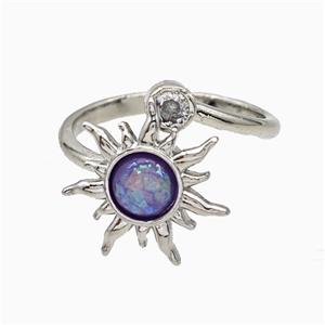 Copper Sunflower Rings Pave Zirconia Fire Opal Rotatable Platinum Plated, approx 16mm, 18mm dia