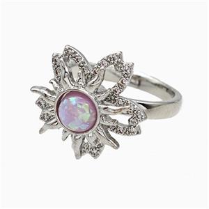 Copper Sunflower Rings Pave Zirconia Fire Opal Rotatable Adjustable Platinum Plated, approx 16mm, 18mm, 18mm dia