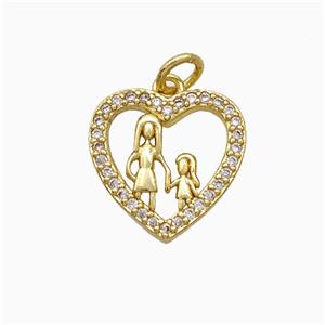 Copper Heart Pendant Pave Zirconia Mother and Daughter Gold Plated, approx 14.5mm