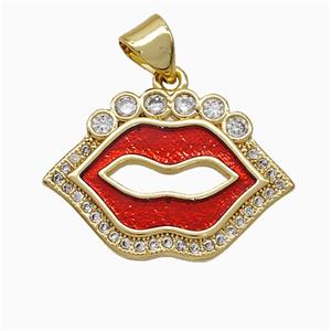 Copper Lips Pendant Pave Zirconia Red Painted 18K Gold Plated, approx 15-21mm