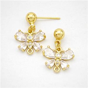 Copper Butterfly Stud Earrings Pave Zirconia Gold Plated, approx 10-14mm, 5mm