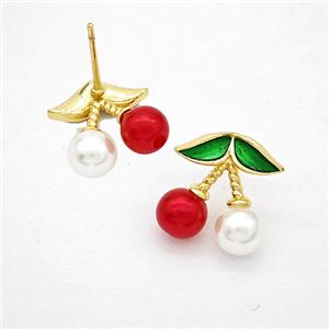 Copper Cherry Stud Earrings Pave Pearlized Resin Gold Plated, approx 13mm, 5mm