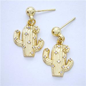 Copper Cactus Stud Earrings Pave Zirconia Gold Plated, approx 16mm, 5mm