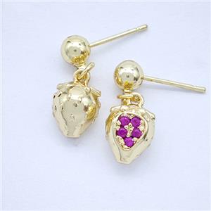 Copper Strawberry Stud Earrings Pave Zirconia Gold Plated, approx 8-10mm, 5mm