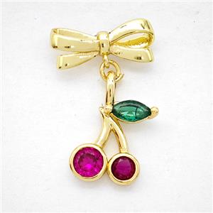 Copper Bowknot And Cherry Pendant Pave Zirconia Gold Plated, approx 11-18mm, 7-17mm