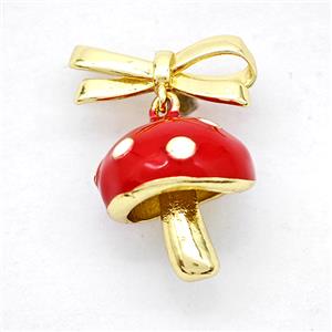 Copper Bowknot And Mushroom Pendant Red Enamel Gold Plated, approx 14-15mm, 7-17mm
