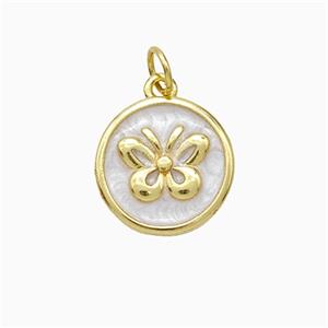 Copper Butterfly Pendant White Painted Circle Gold Plated, approx 14mm