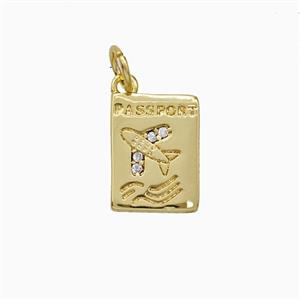Passport Card Charms Copper Pendant Pave Zirconia Airplane Gold Plated, approx 9-12mm
