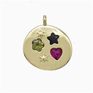 Copper Circle Pendant Pave Zirconia Flower Star Heart Gold Plated, approx 15-16mm