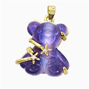 Purple Resin Bear Pendant Copper Star Pave Zirconia Gold Plated, approx 20mm