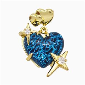 Blue Resin Heart Pendant Copper Star Pave Zirconia Gold Plated, approx 20mm, 10-12mm
