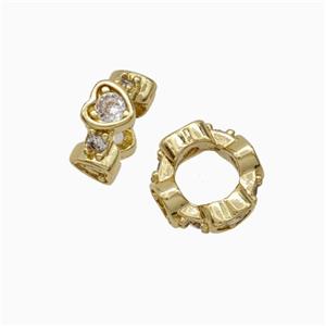 Copper Rondelle Beads Pave Zirconia Large Hole Heart Gold Plated, approx 8mm