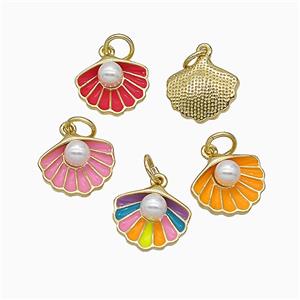 Enamel Copper Pendant Pave Resin pearlized, Gold Plated, approx 12-14mm