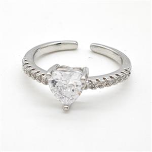Copper Rings Pave Clear Crystal Glass Heart Platinum Plated, approx 7mm, 18mm dia