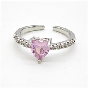 Copper Rings Pave Pink Crystal Glass Heart Platinum Plated, approx 7mm, 18mm dia