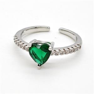 Copper Rings Pave Green Crystal Glass Heart Platinum Plated, approx 7mm, 18mm dia