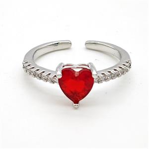 Copper Rings Pave Red Crystal Glass Heart Platinum Plated, approx 7mm, 18mm dia