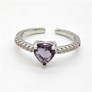 Copper Rings Pave Purple Crystal Glass Heart Platinum Plated, approx 7mm, 18mm dia