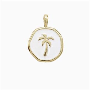 Coconut Tree Charms Copper Palm Pendant White Enamel Gold Plated, approx 14mm