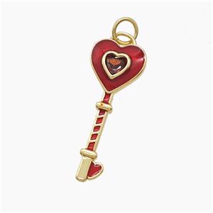 Copper Key Pendant Pave Zirconia Red Enamel Heart Gold Plated, approx 10-26mm