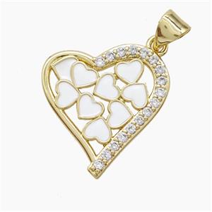 Copper Heart Pendant Pave Zirconia White Enamel Gold Plated, approx 18-20mm