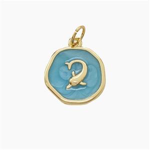 Copper Dolphin Pendant Green Enamel Gold Plated, approx 13-14mm